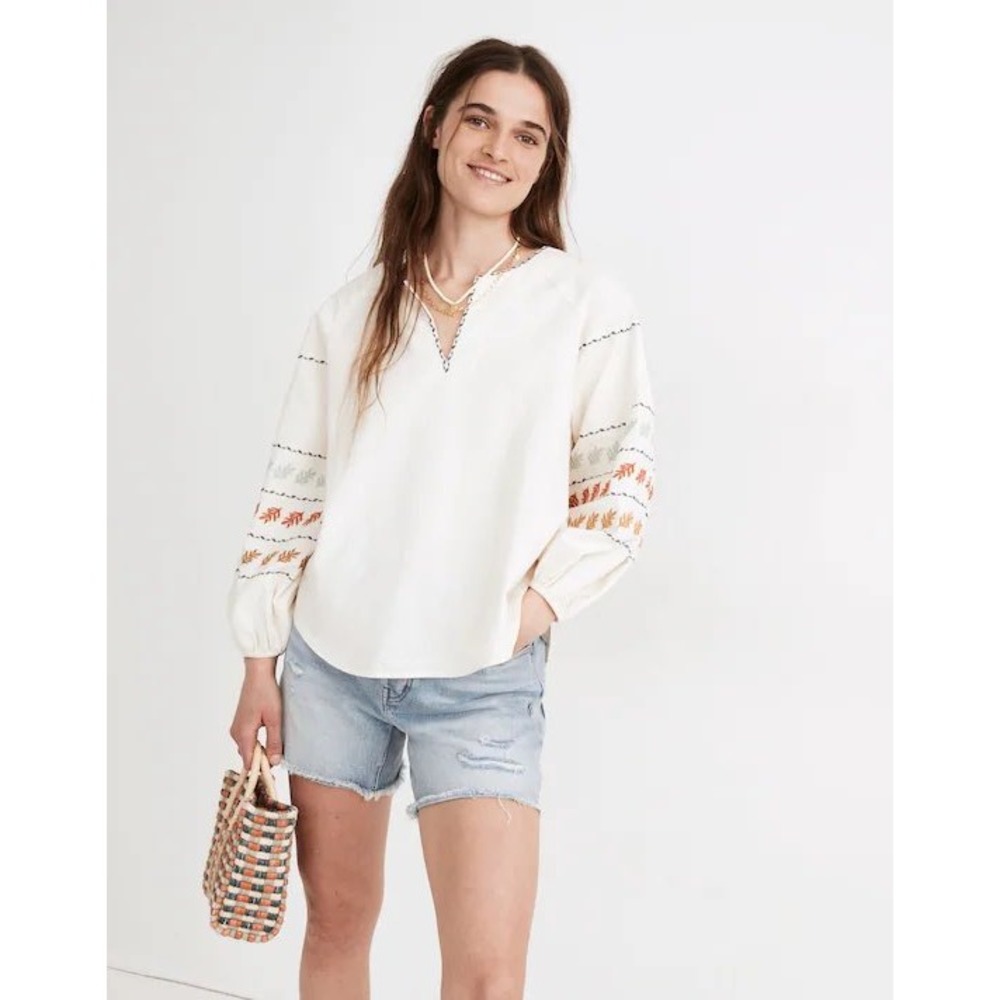 Madewell Embroidered Puff Sleeve Peasant Top Cream White V-Neck Blouse Medium